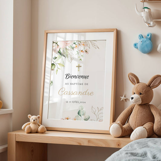 Affiche bienvenue baptême thème roses personnalisée – déco fleurie prénom & date