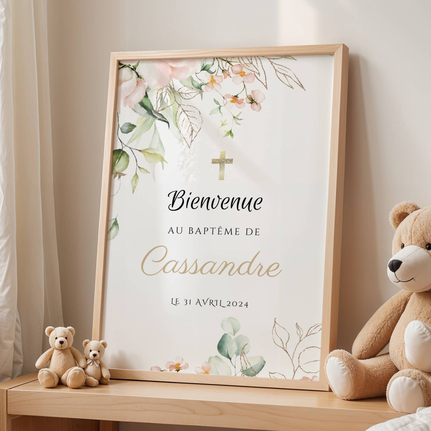 Affiche bienvenue baptême thème roses personnalisée – déco fleurie prénom & date - Image 3