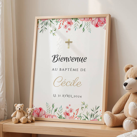 Affiche bienvenue baptême thème rose poudré personnalisée – prénom & message