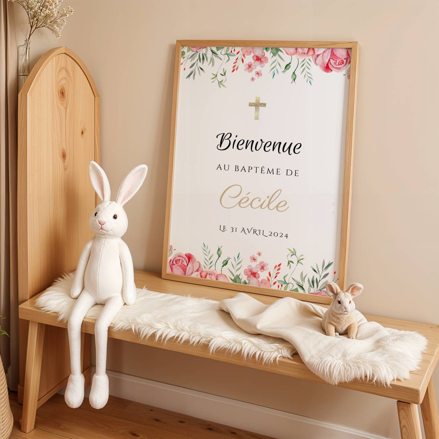 Affiche bienvenue baptême thème rose poudré personnalisée – prénom & message - Image 4