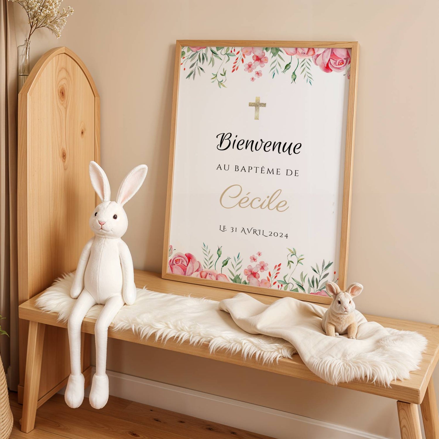 Affiche bienvenue baptême thème rose poudré personnalisée – prénom & message - Image 4