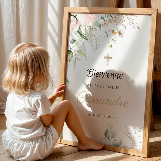 Affiche bienvenue baptême thème roses personnalisée – déco fleurie prénom & date