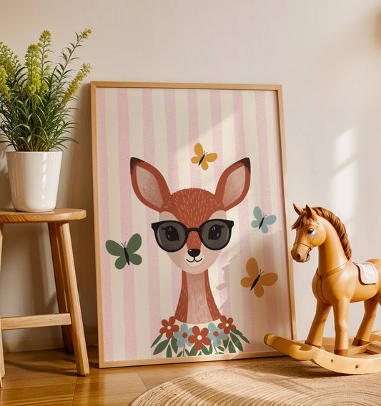Affiche Biche Lunettes – Poster Coloré Animaux Rigolos Chambre Fille Dopamine Decor Cadeau Naissance