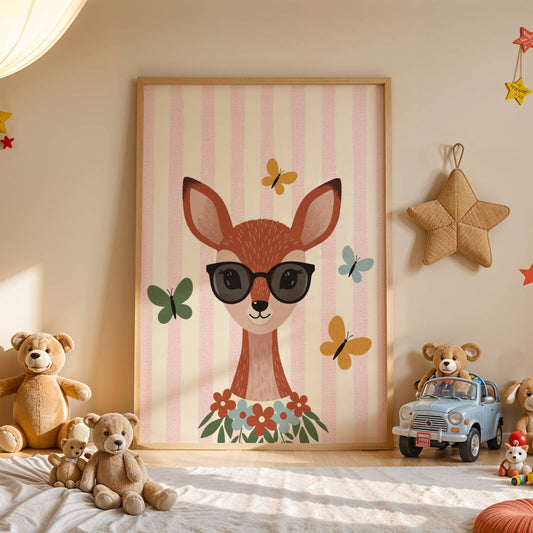 Affiche Biche Lunettes – Poster Coloré Animaux Rigolos Chambre Fille Dopamine Decor Cadeau Naissance