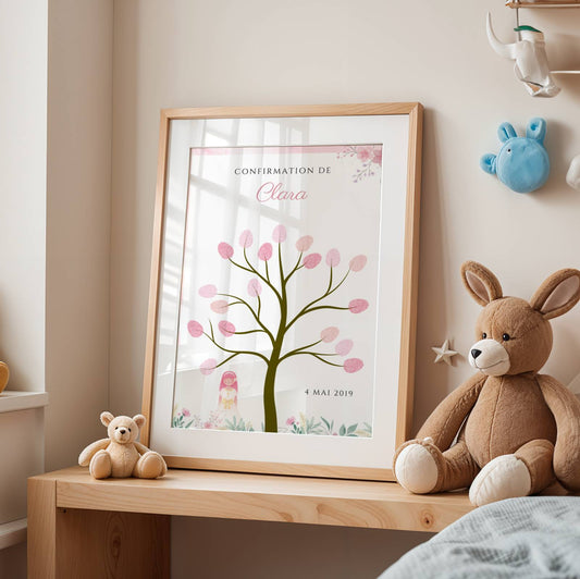 Arbre à empreintes communion personnalisé avec illustration florale et empreintes invitées, souvenir de première communion ou confirmation.