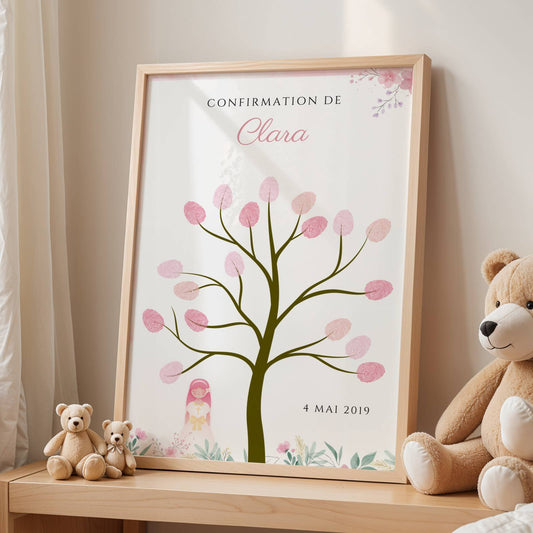 Arbre à empreintes communion personnalisé avec illustration florale et empreintes invitées, souvenir de première communion ou confirmation.