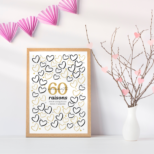 Affiche 60 coeurs à remplir, Carte Joyeux Anniversaire