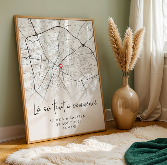 Affiche couple personnalisée avec lieu de rencontre - Affiche carte GPS pour couple