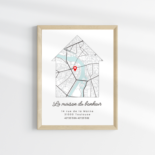 Affiche maison avec carte de ville personnalisée - Cadeau de pendaison de crémaillère