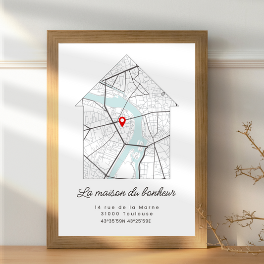 Affiche maison avec carte de ville personnalisée - Cadeau de pendaison de crémaillère