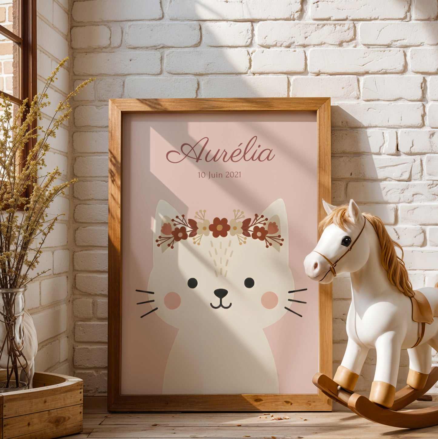 ✨ Affiche enfant personnalisée – Chat bohème avec couronne florale ✨