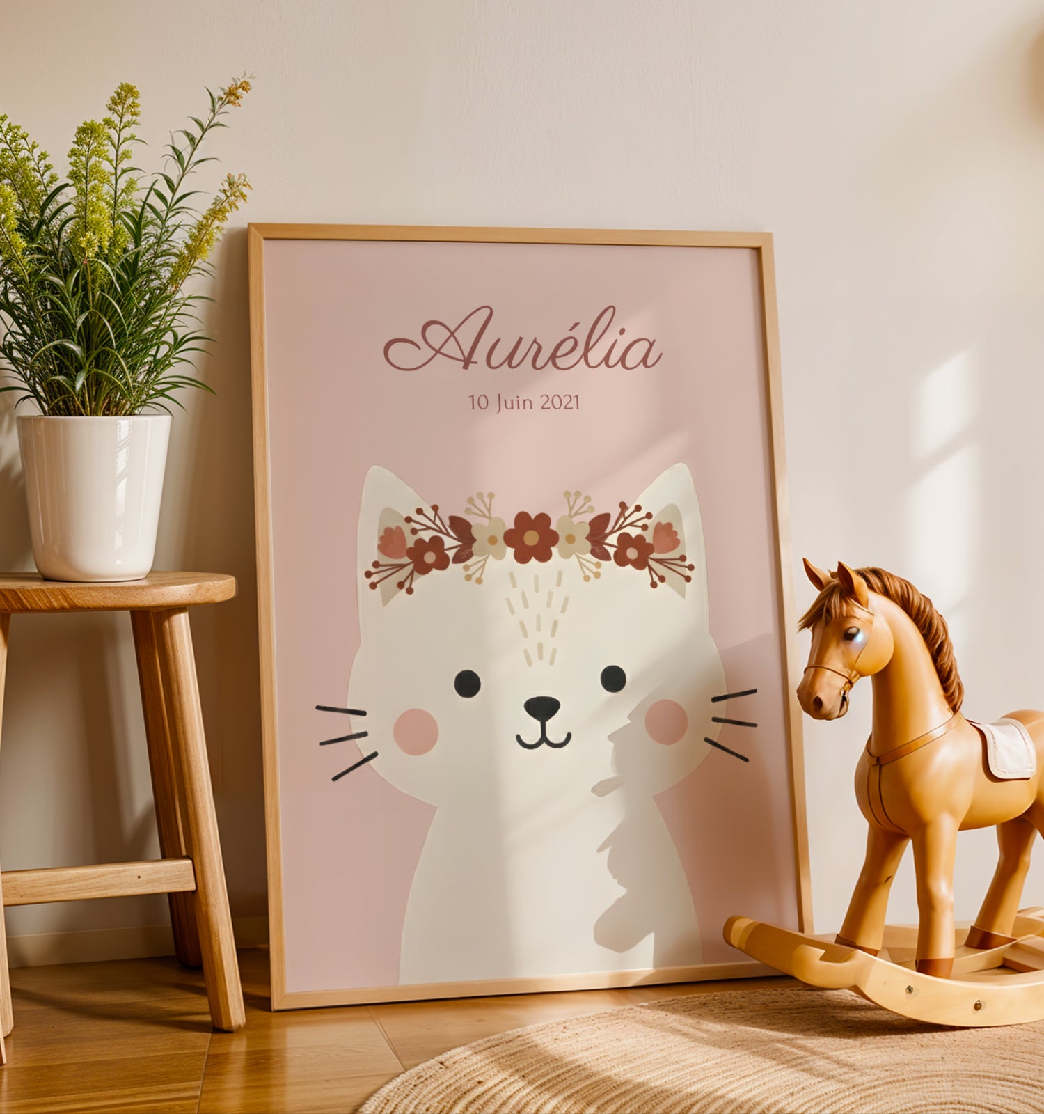 ✨ Affiche enfant personnalisée – Chat bohème avec couronne florale ✨