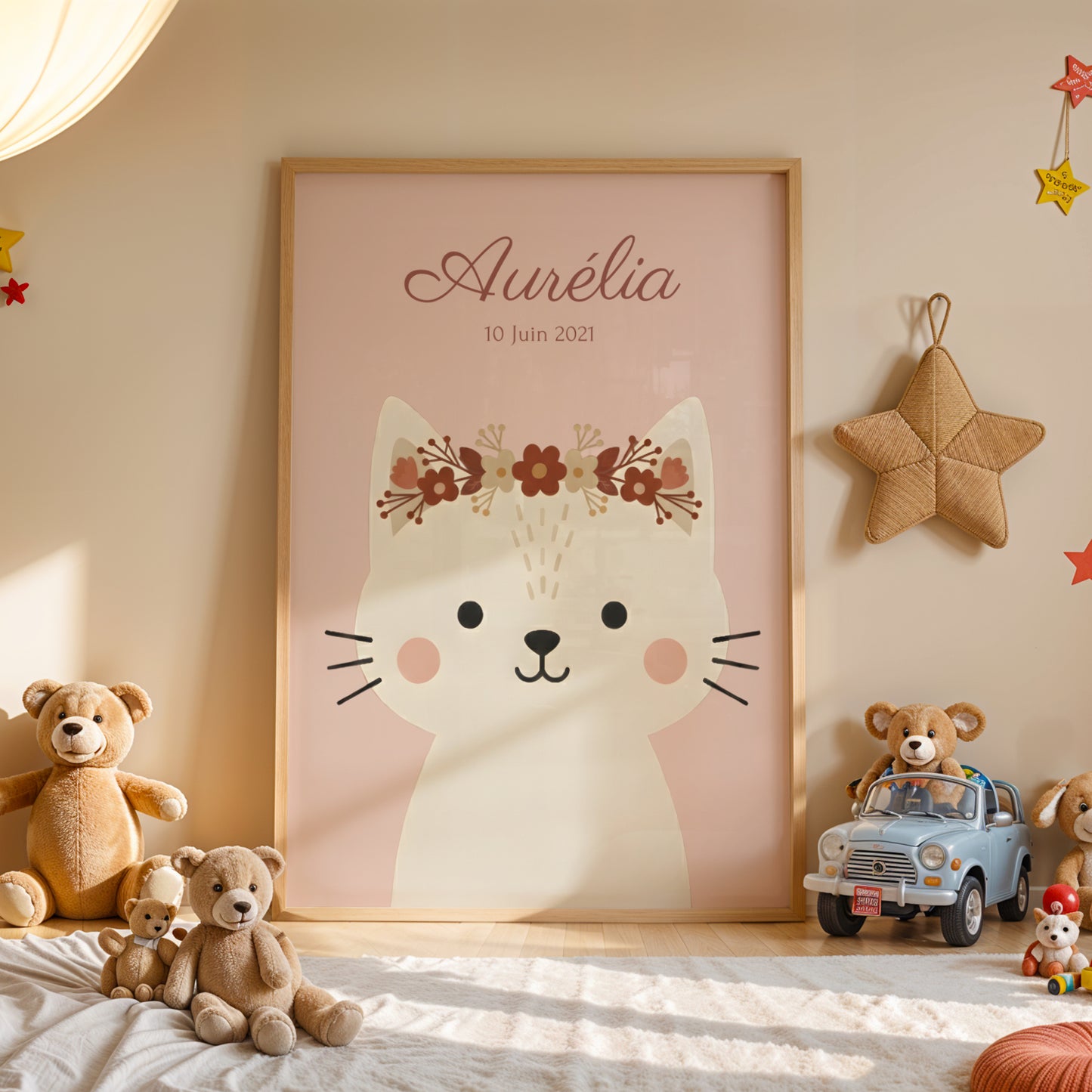 ✨ Affiche enfant personnalisée – Chat bohème avec couronne florale ✨