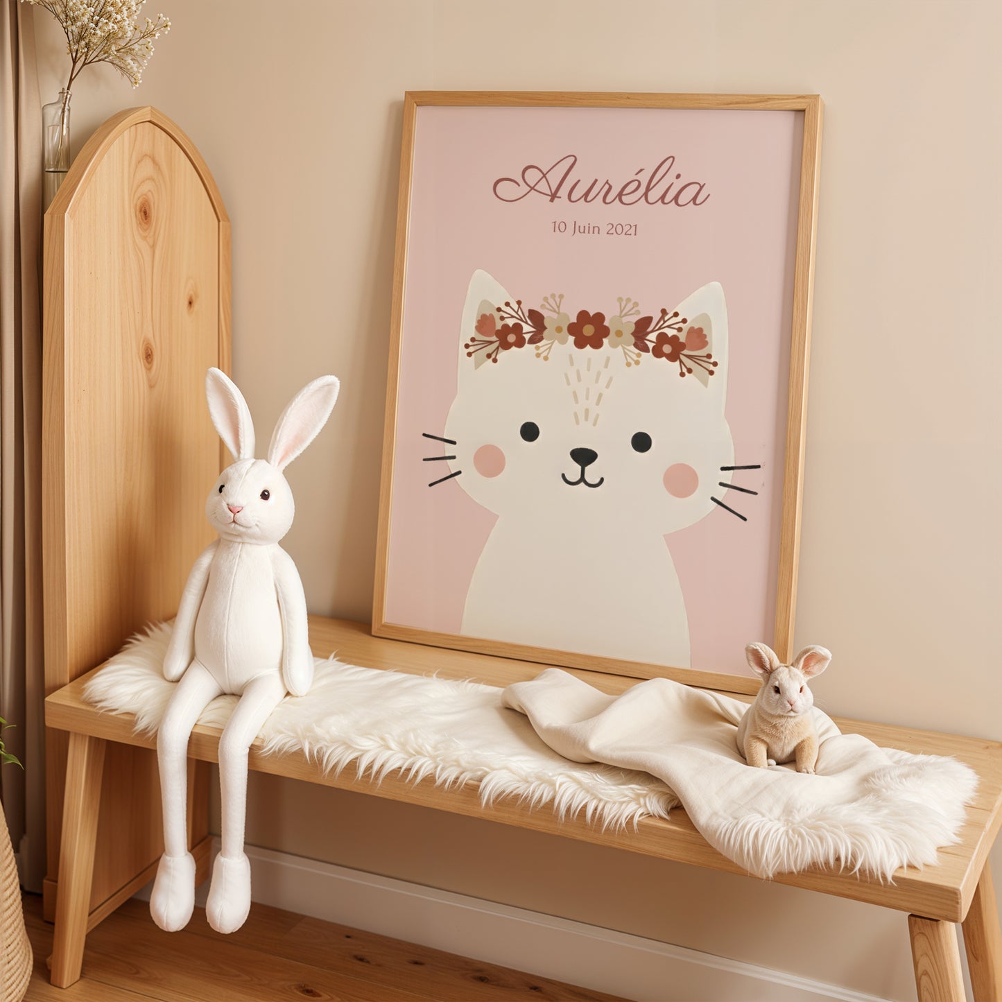 ✨ Affiche enfant personnalisée – Chat bohème avec couronne florale ✨