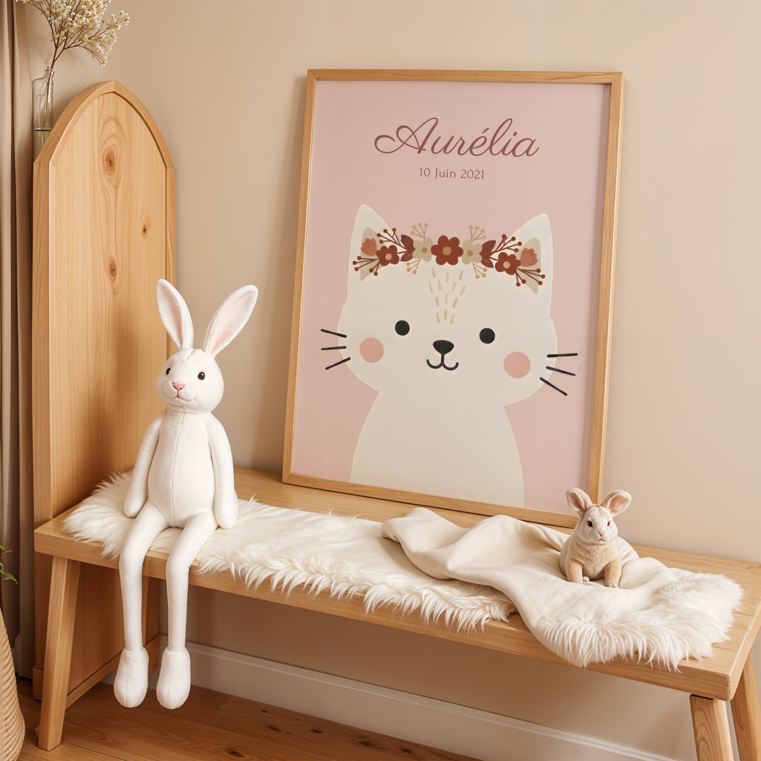 ✨ Affiche enfant personnalisée – Chat bohème avec couronne florale ✨