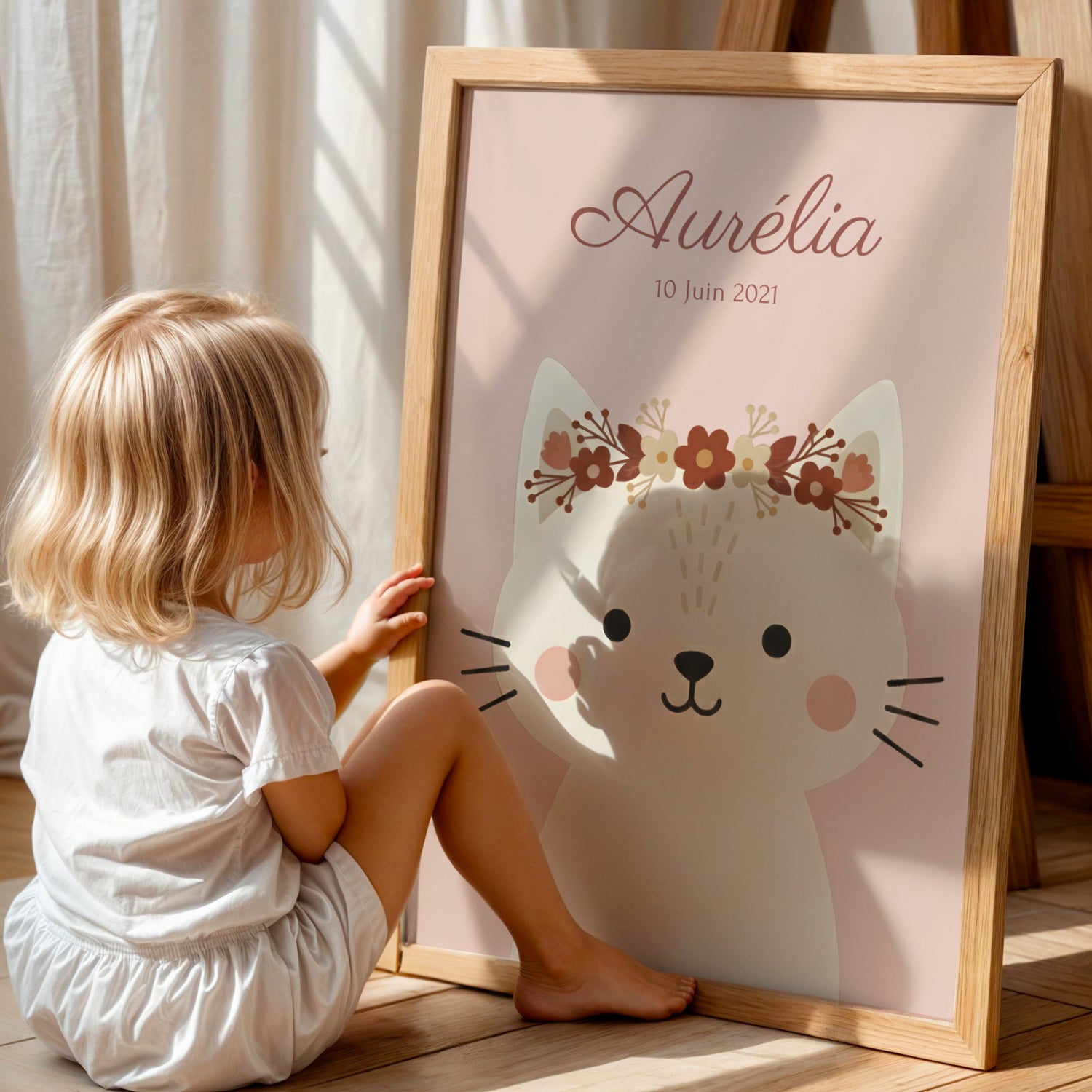 ✨ Affiche enfant personnalisée – Chat bohème avec couronne florale ✨