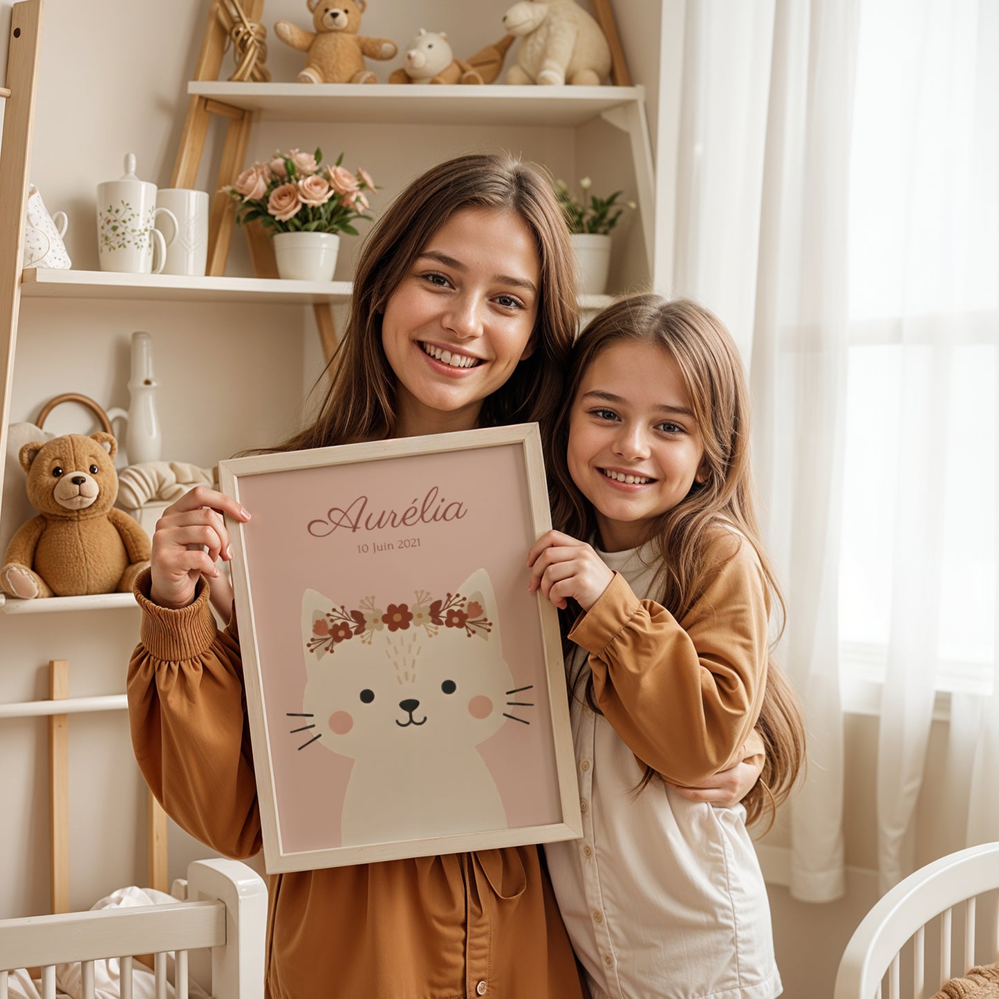 ✨ Affiche enfant personnalisée – Chat bohème avec couronne florale ✨