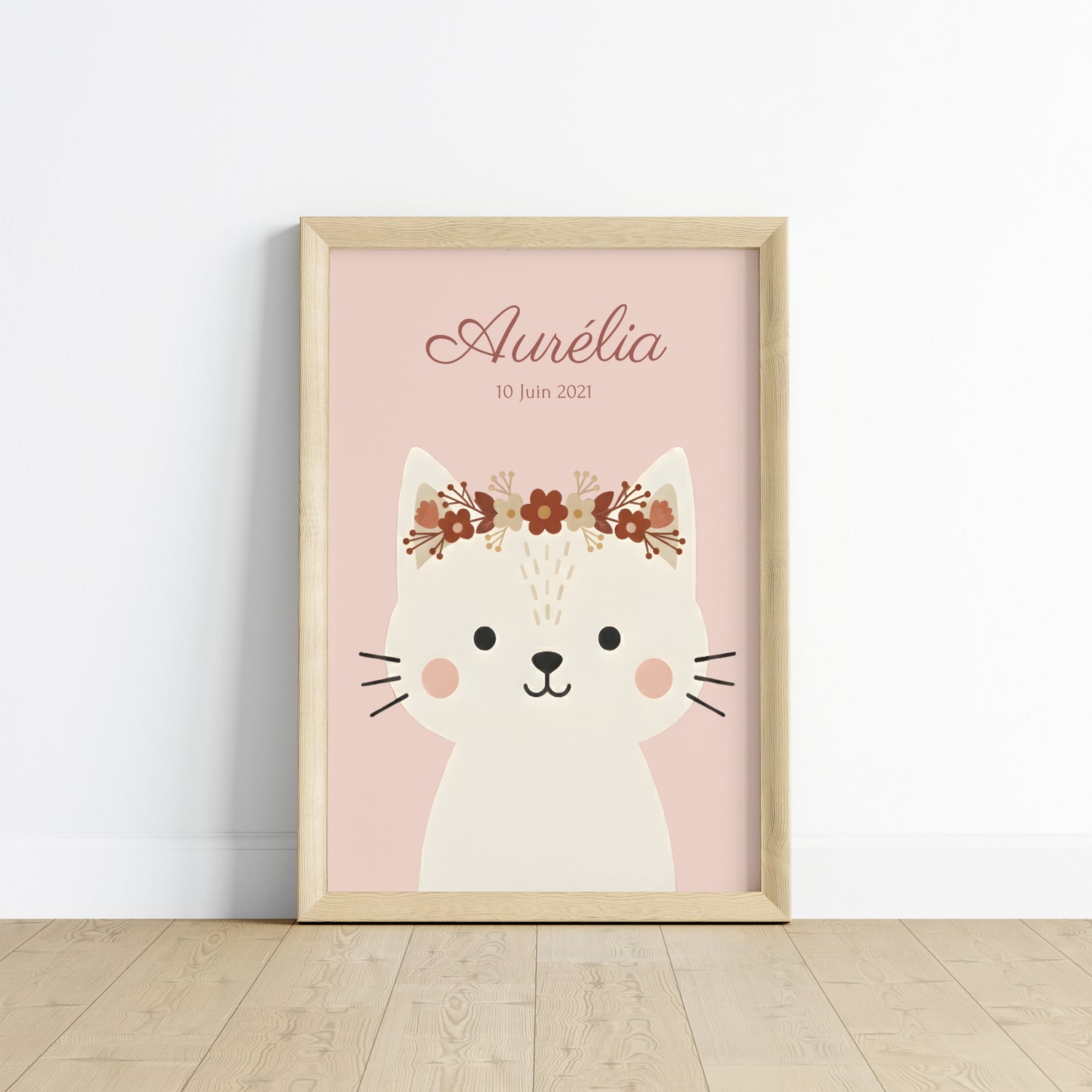 ✨ Affiche enfant personnalisée – Chat bohème avec couronne florale ✨
