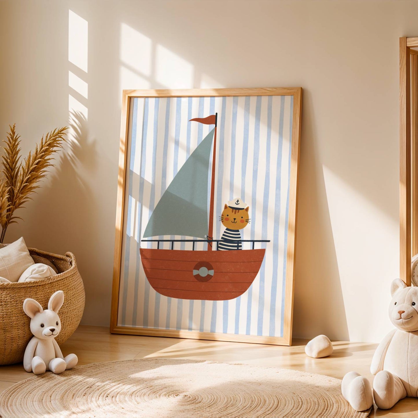 Affiche enfant Chat sur Bateau, Poster Imprimable Animaux, Décoration Marine Chambre Garçon ou Fille, Salle de Jeux, Cadeau Fun Océan