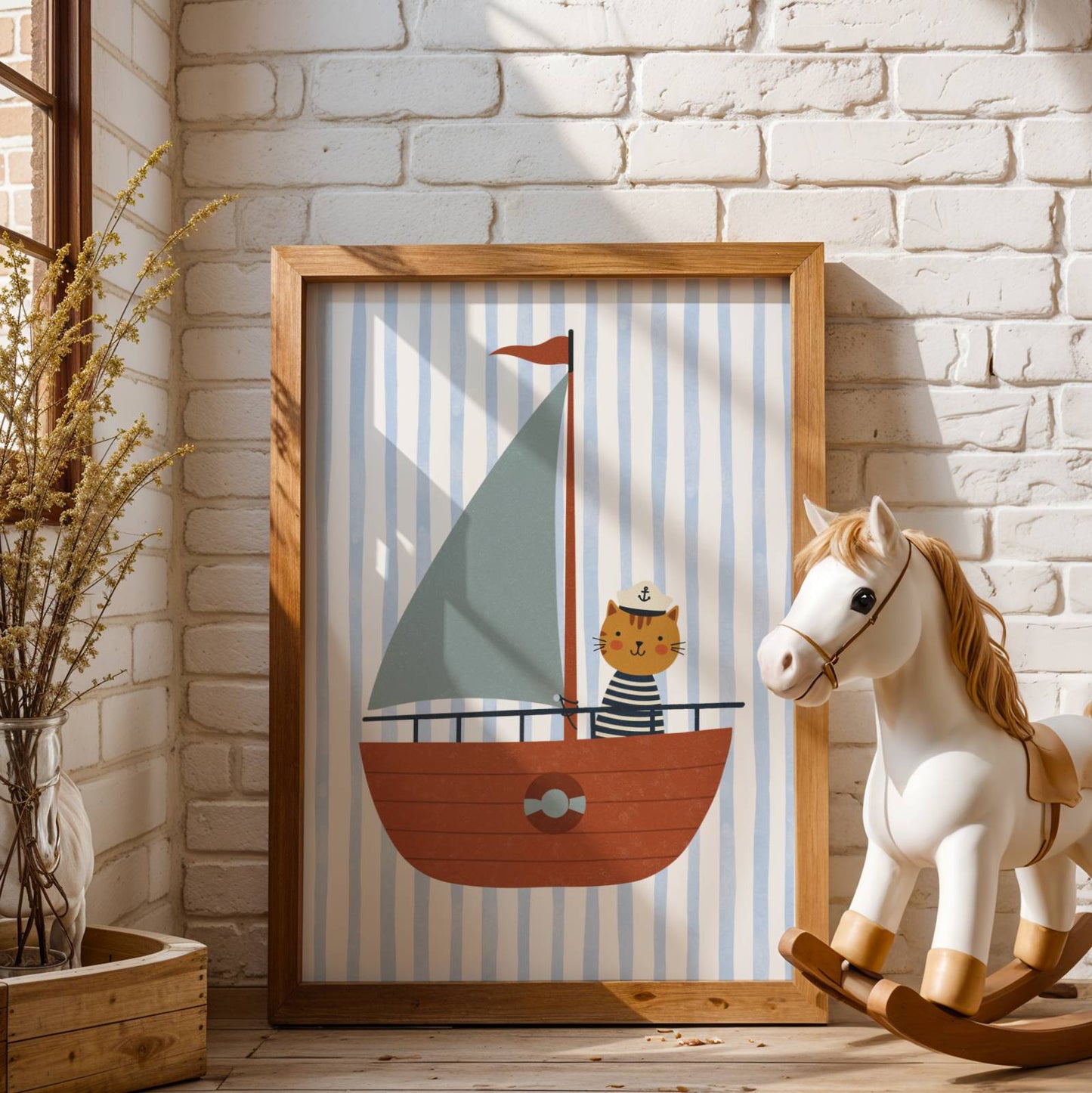 Affiche enfant Chat sur Bateau, Poster Imprimable Animaux, Décoration Marine Chambre Garçon ou Fille, Salle de Jeux, Cadeau Fun Océan