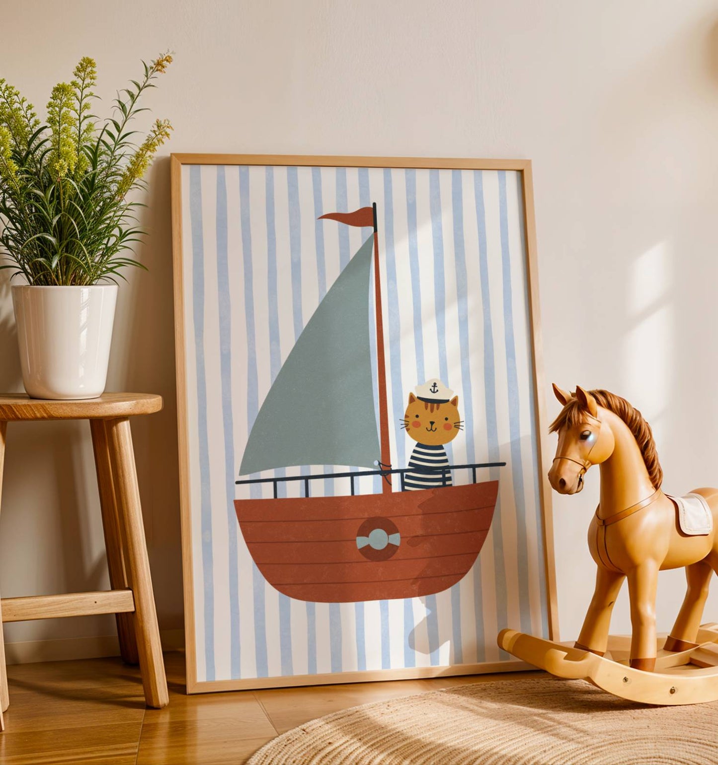 Affiche enfant Chat sur Bateau, Poster Imprimable Animaux, Décoration Marine Chambre Garçon ou Fille, Salle de Jeux, Cadeau Fun Océan