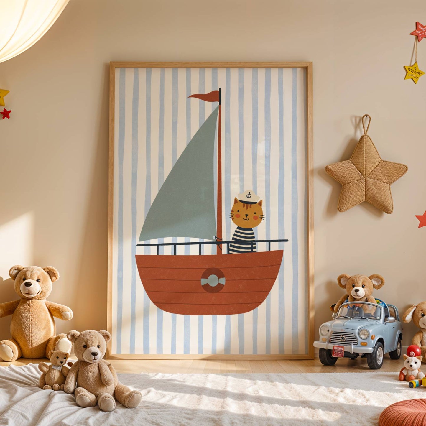 Affiche enfant Chat sur Bateau, Poster Imprimable Animaux, Décoration Marine Chambre Garçon ou Fille, Salle de Jeux, Cadeau Fun Océan