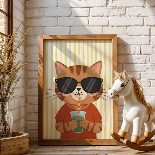 Affiche Chat Gobelet – Poster Coloré Animaux Gourmands Chambre Enfant Dopamine Decor Cadeau Naissance