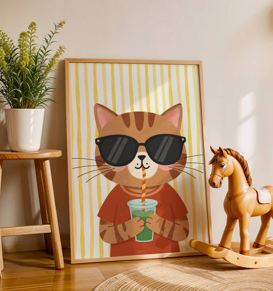 Affiche Chat Gobelet – Poster Coloré Animaux Gourmands Chambre Enfant Dopamine Decor Cadeau Naissance