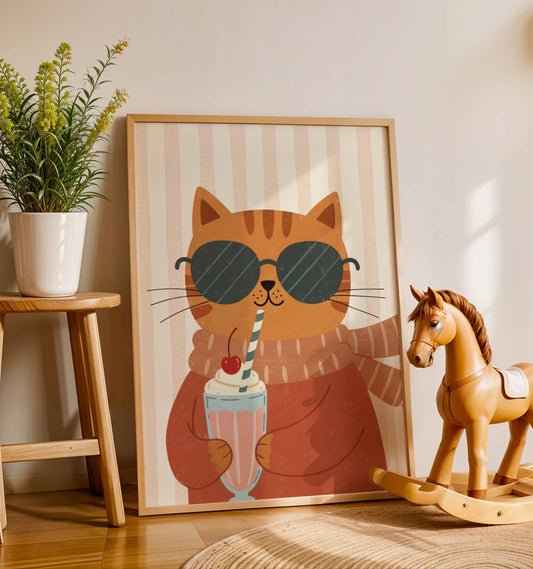 Affiche Chat Milkshake – Poster Coloré Animaux Gourmands Chambre Enfant Dopamine Decor Cadeau Naissance