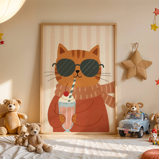 Affiche Chat Milkshake – Poster Coloré Animaux Gourmands Chambre Enfant Dopamine Decor Cadeau Naissance