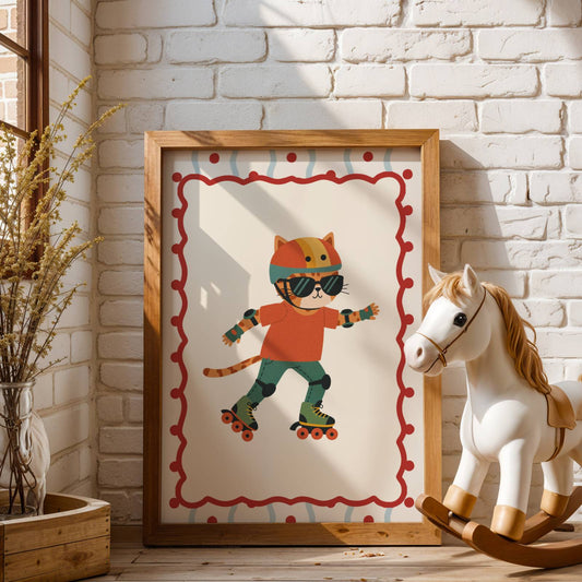 Affiche Chat Roller – Poster Coloré Animaux Sportifs Chambre Enfant Dopamine Decor Cadeau Naissance
