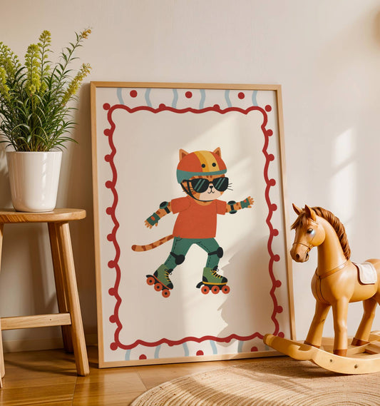 Affiche Chat Roller – Poster Coloré Animaux Sportifs Chambre Enfant Dopamine Decor Cadeau Naissance