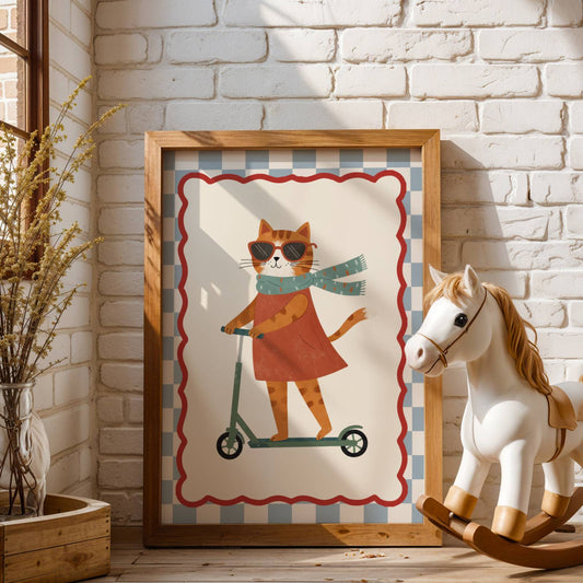 Affiche Chat Trottinette – Poster Coloré Animaux Rigolos Chambre Enfant Dopamine Decor Cadeau Naissance