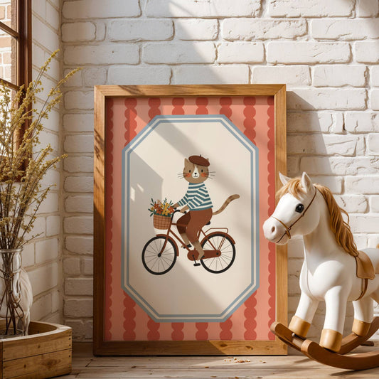 Affiche Chat Vélo Citadin – Poster Coloré Animaux Rigolos Chambre Enfant Dopamine Decor Cadeau Naissance
