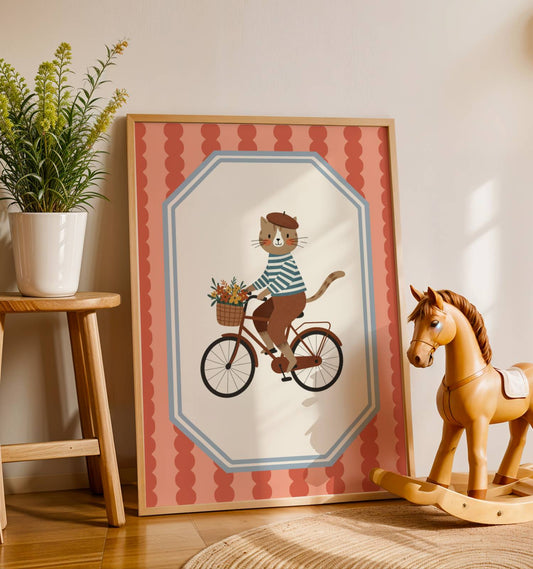 Affiche Chat Vélo Citadin – Poster Coloré Animaux Rigolos Chambre Enfant Dopamine Decor Cadeau Naissance