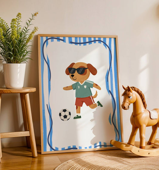 Affiche Chien Football – Poster Coloré Animaux Sportifs Chambre Enfant Dopamine Decor Cadeau Naissance