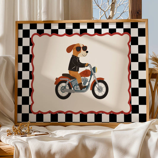 Affiche Chien Moto – Poster Coloré Animaux Rigolos Chambre Enfant Dopamine Decor Cadeau Naissance