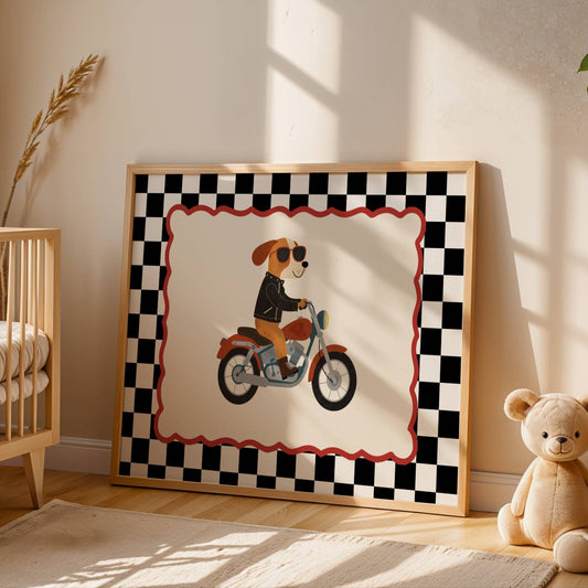 Affiche Chien Moto – Poster Coloré Animaux Rigolos Chambre Enfant Dopamine Decor Cadeau Naissance