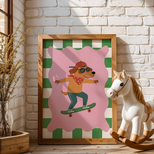 Affiche Chien Skate – Poster Coloré Animaux Sportifs Chambre Enfant Dopamine Decor Cadeau Naissance