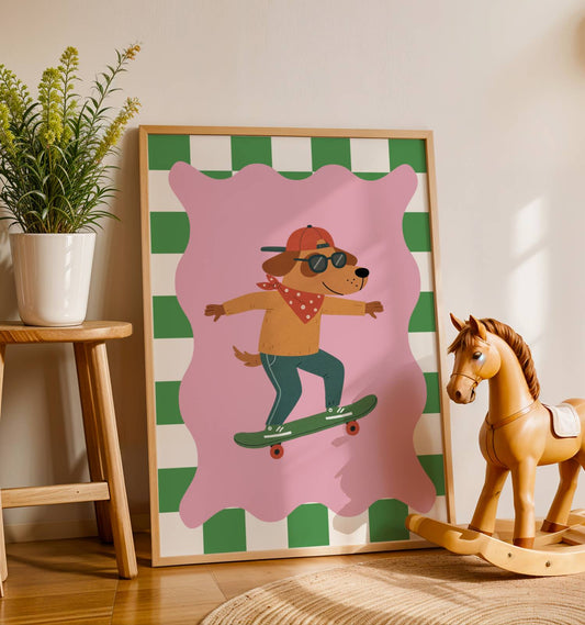 Affiche Chien Skate – Poster Coloré Animaux Sportifs Chambre Enfant Dopamine Decor Cadeau Naissance