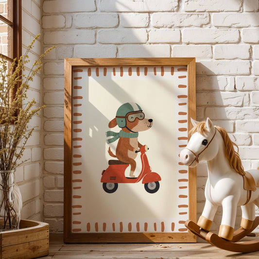Affiche Chien Scooter – Poster Coloré Animaux Rigolos Chambre Enfant Dopamine Decor Cadeau Naissance