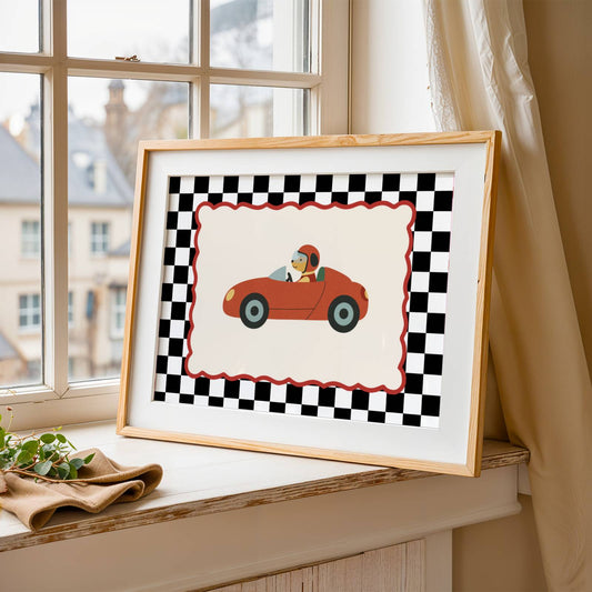 Affiche Chien Voiture Course – Poster Coloré Animaux Rigolos Chambre Enfant Dopamine Decor Cadeau Naissance
