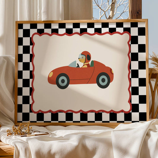 Affiche Chien Voiture Course – Poster Coloré Animaux Rigolos Chambre Enfant Dopamine Decor Cadeau Naissance