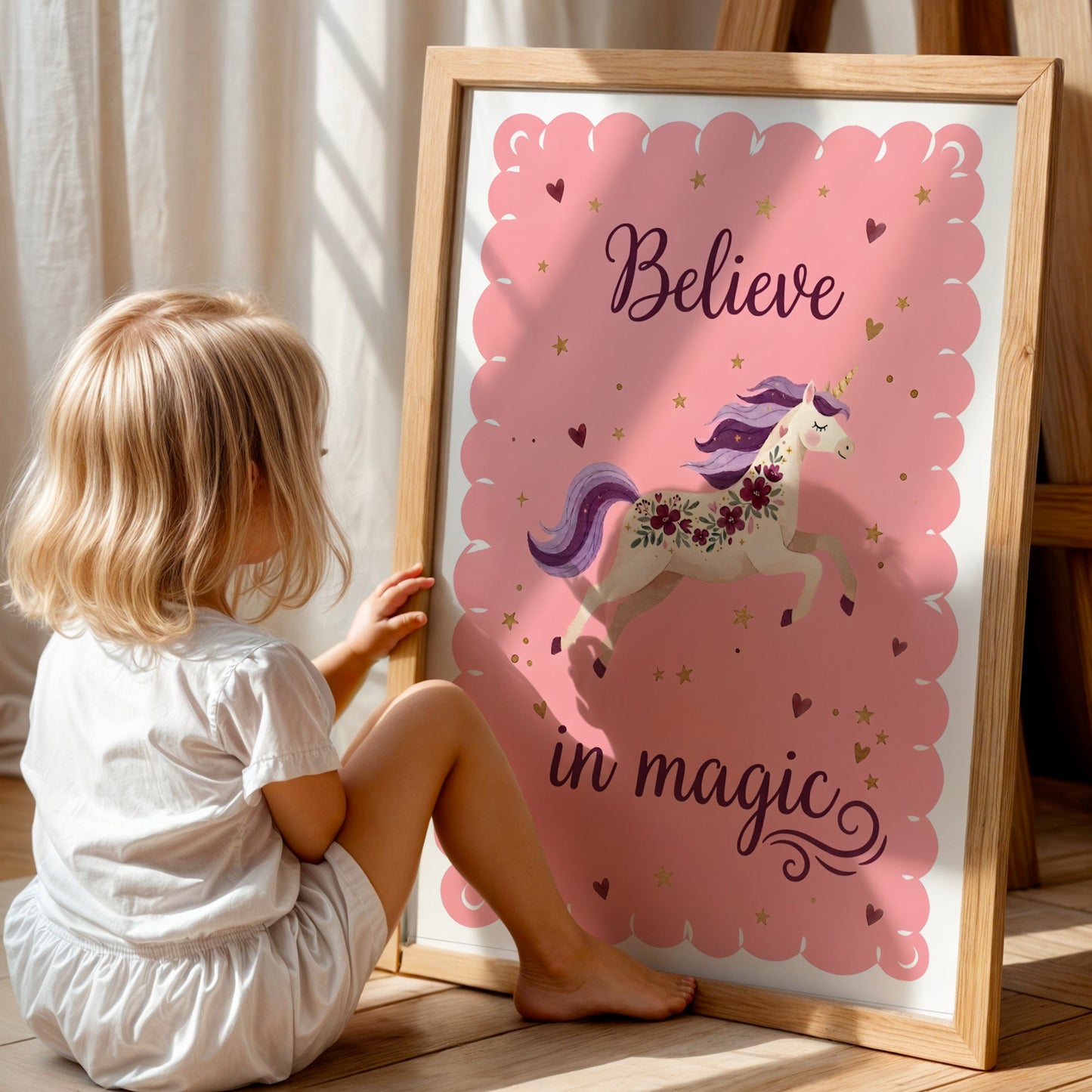 Affiche Licorne Enfant – Poster “Believe in Magic” – Décoration Chambre Fille Rose – Illustration Magique – Cadeau Fille Bébé – Déco Licorne