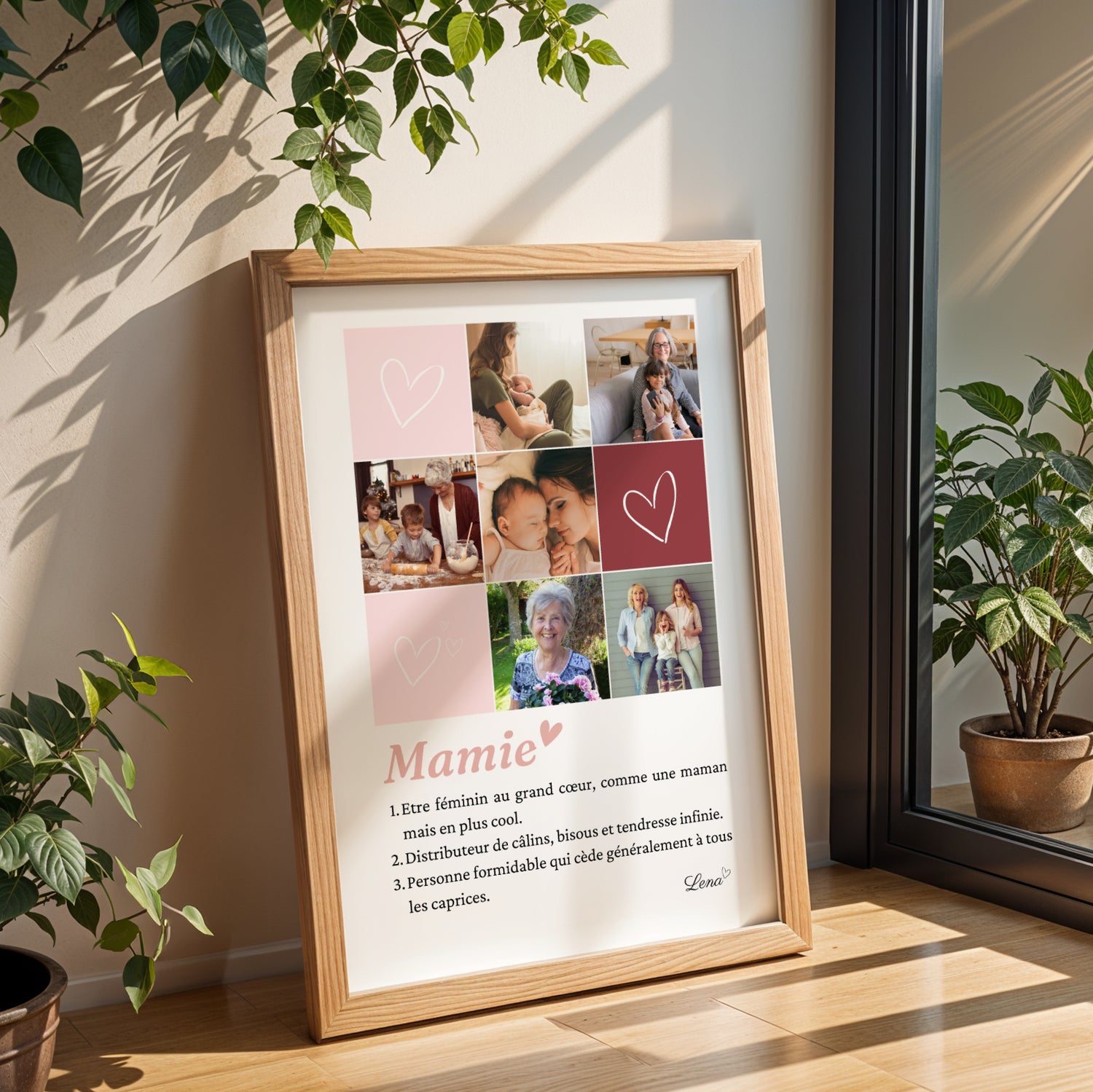 Affiche Mamie Personnalisée with family photo collage and heart graphic in wooden frame for Fête des Grands-Mères.