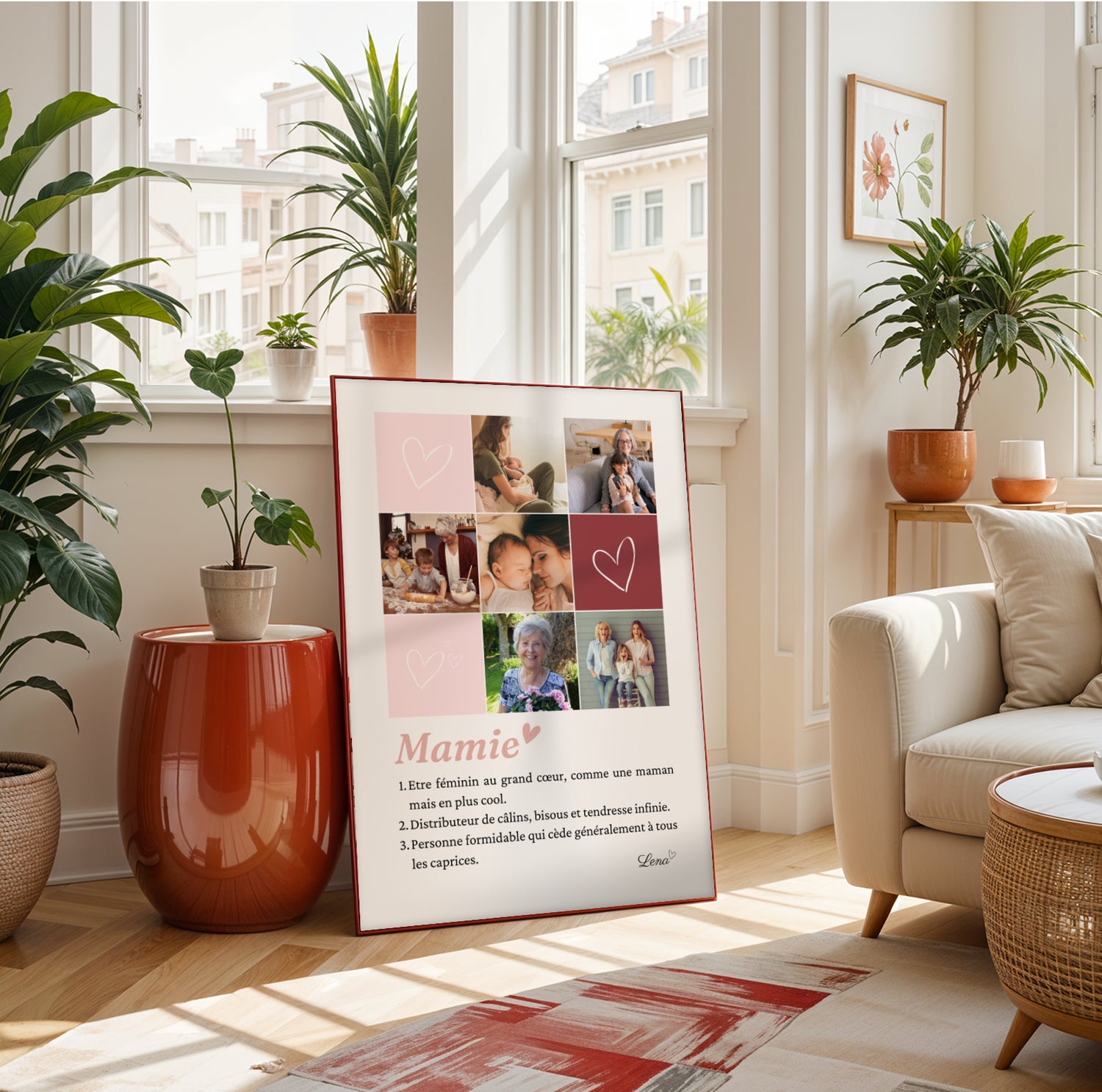 Affiche Mamie Personnalisée with photo collage and heart graphic, framed poster celebrating Fête des Grands-Mères in cozy.