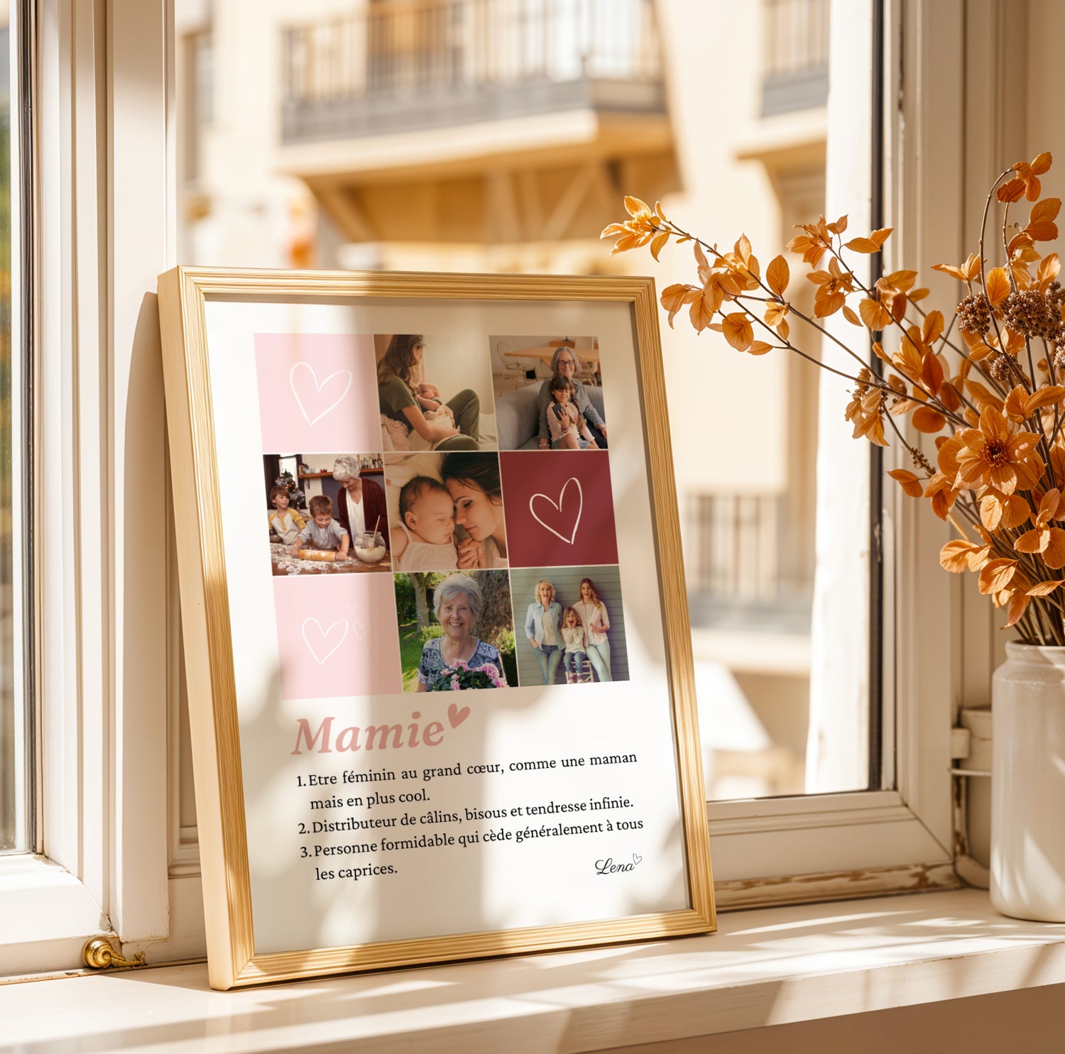 Affiche Mamie Personnalisée with family photos and heart illustration, cozy window setting for Fête des Grands-Mères.