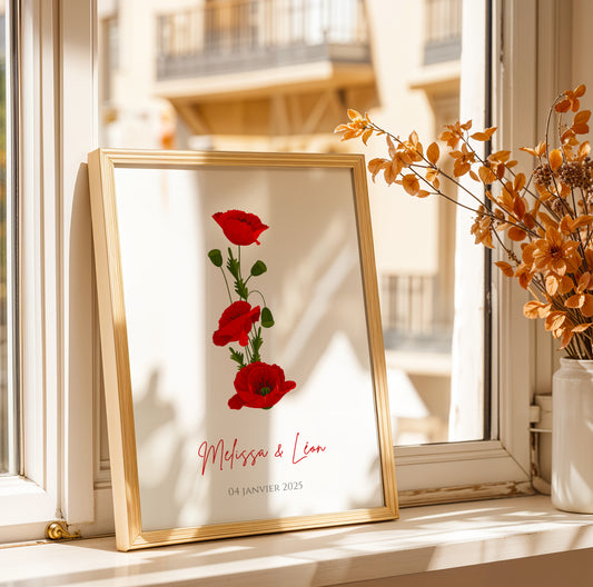 Affiche couple noce de coquelicot -  8 ans de mariage - affiche anniversaire de mariage  par Le Temps des Paillettes