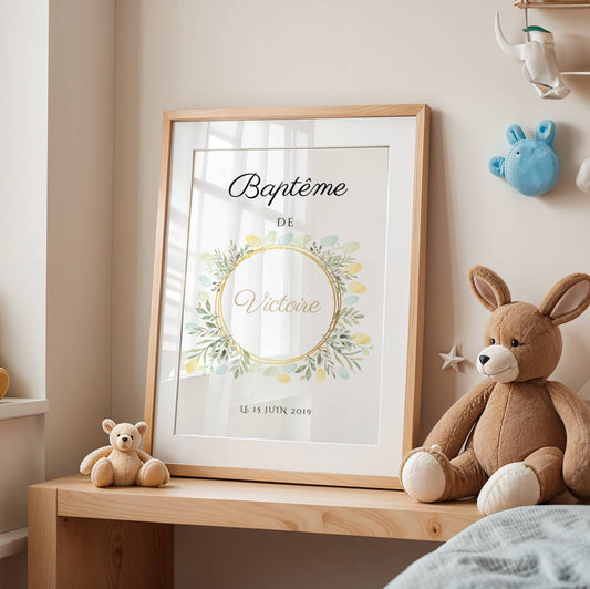 Affiche arbre à empreintes baptême – thème couronne florale personnalisée