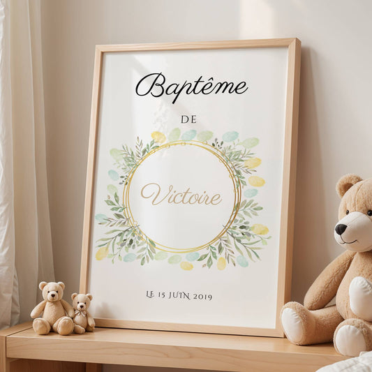 Affiche arbre à empreintes baptême – thème couronne florale personnalisée